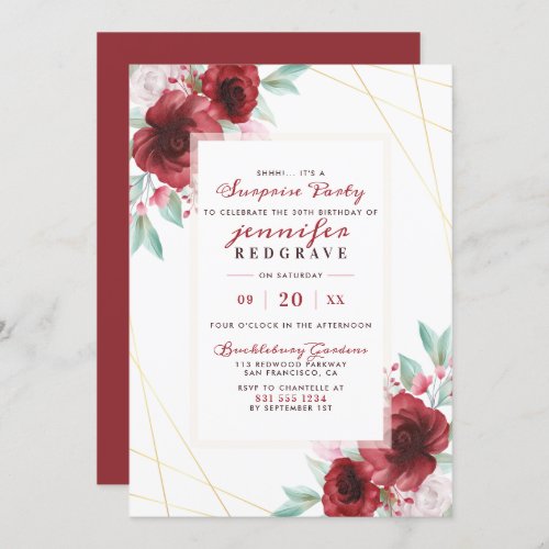 Stylish Burgundy Glam Roses Floral Surprise Party Invitation