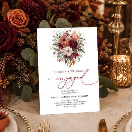 Stylish Burgundy Gold Floral Deep Red engagement i Invitation