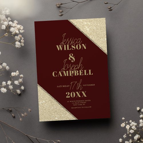 Stylish burgundy gold glitter typography wedding invitation