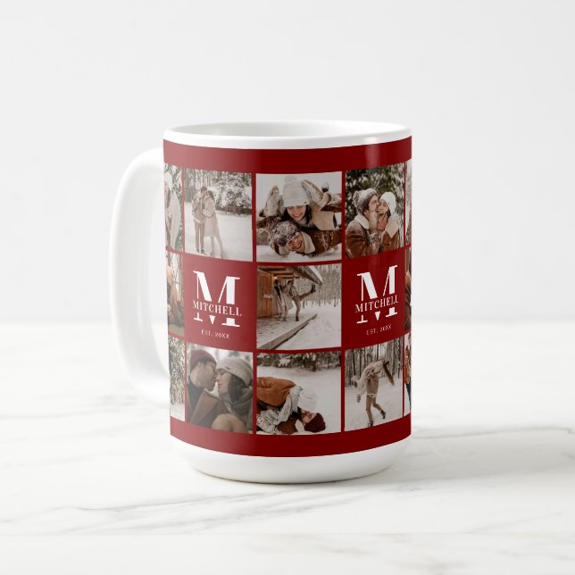 Stylish Burgundy Multi Photo Collage Keepsake Coffee Mug (Front Left)