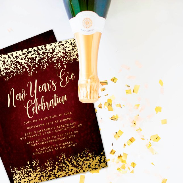Stylish Burgundy New Year’s Eve Confetti Foil Invitation (Chic New Year's Eve Party Foil Invitations on a white background with gold confetti and champagne.)