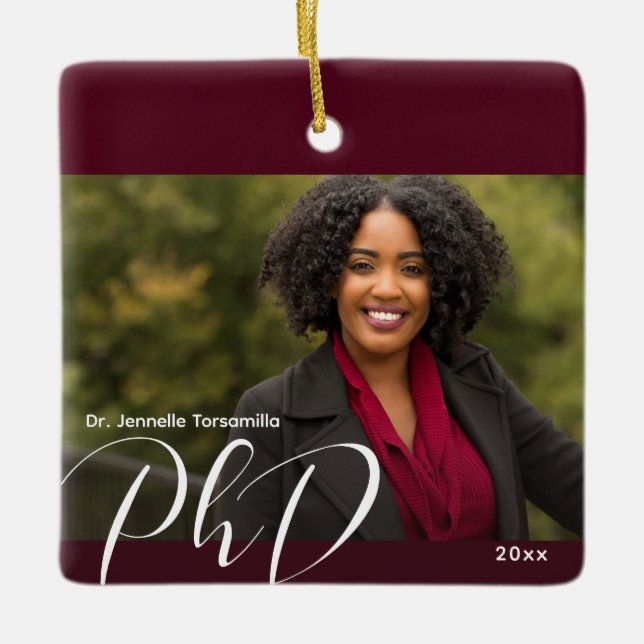 Stylish Burgundy Photo PhD Graduation Ceramic Ornament (Front)