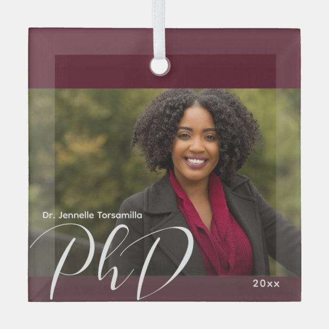 Stylish Burgundy Photo PhD Graduation Glass Ornament (Front)