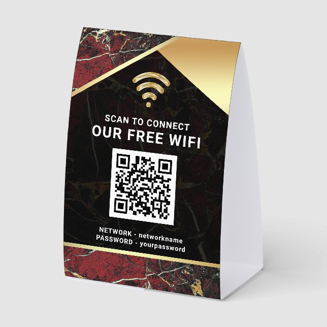 Stylish Burgundy QR Code Wifi Network Password Paper Table Tent (Front)