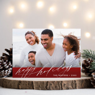 Stylish Burgundy Red White Script Christmas Photo Holiday Card