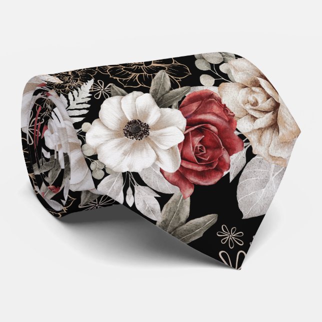 Stylish Burgundy Rose Black Floral Pattern Neck Tie (Rolled)