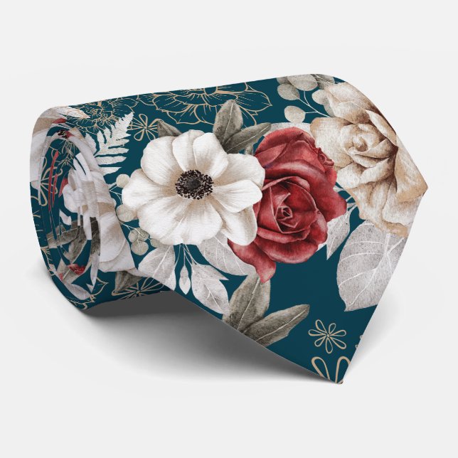 Stylish Burgundy Rose Blue Floral Pattern Neck Tie (Rolled)