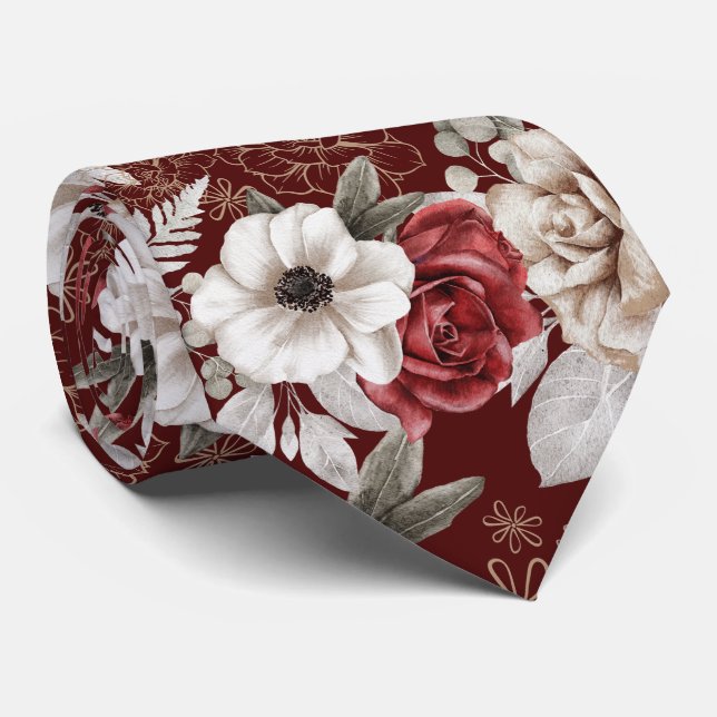 Stylish Burgundy Rose Floral Pattern Neck Tie (Rolled)