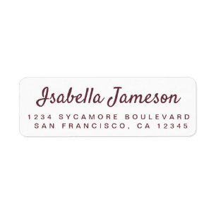 Stylish Burgundy Script White Return Address Label