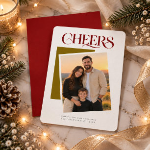 Stylish Burgundy Serif Cheers Photo Christmas Holiday Card
