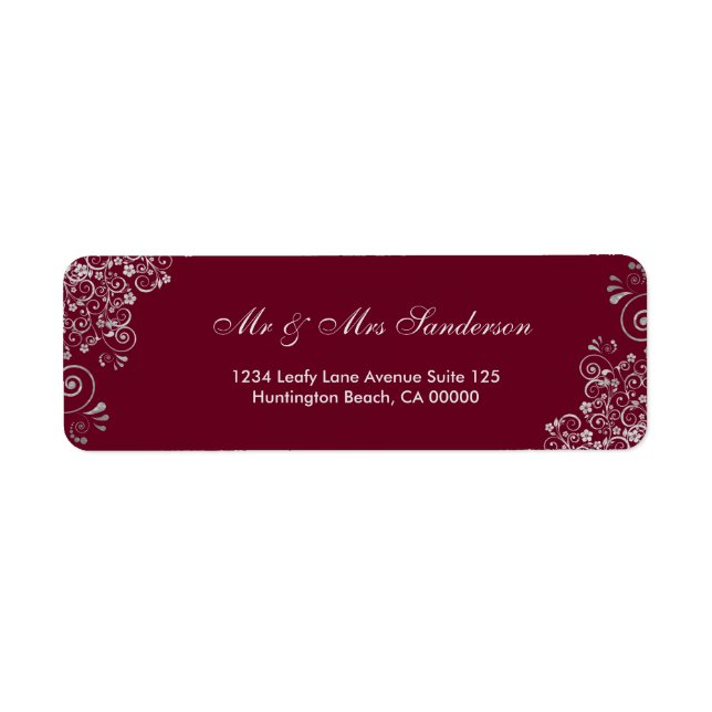 Stylish Burgundy Silver Gray Swirl Wedding Label (Front)