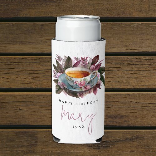 Stylish Burgundy Tea Party Floral Watercolor Name Seltzer Can Cooler