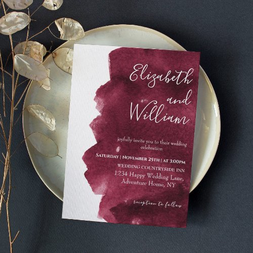 Stylish Burgundy Watercolor Brushstroke Wedding  Invitation