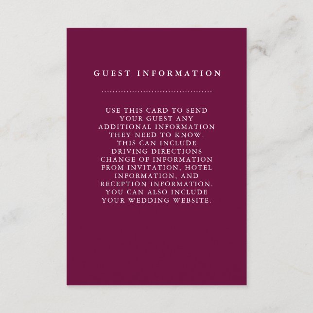Stylish Burgundy Wedding Guest Information Card (Front)