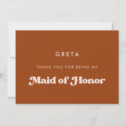 Stylish Burnt Orange Maid of honor thank you card