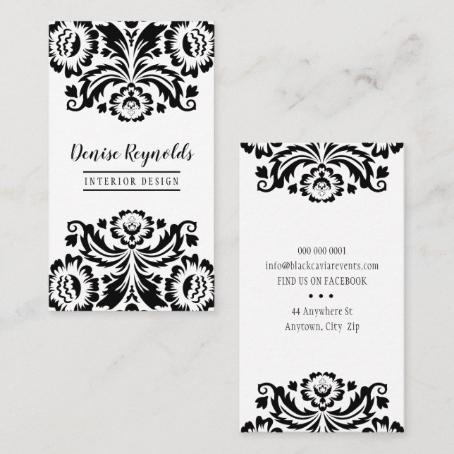 STYLISH BUSINESS elegant pretty damask black white Business Card (Front/Back)