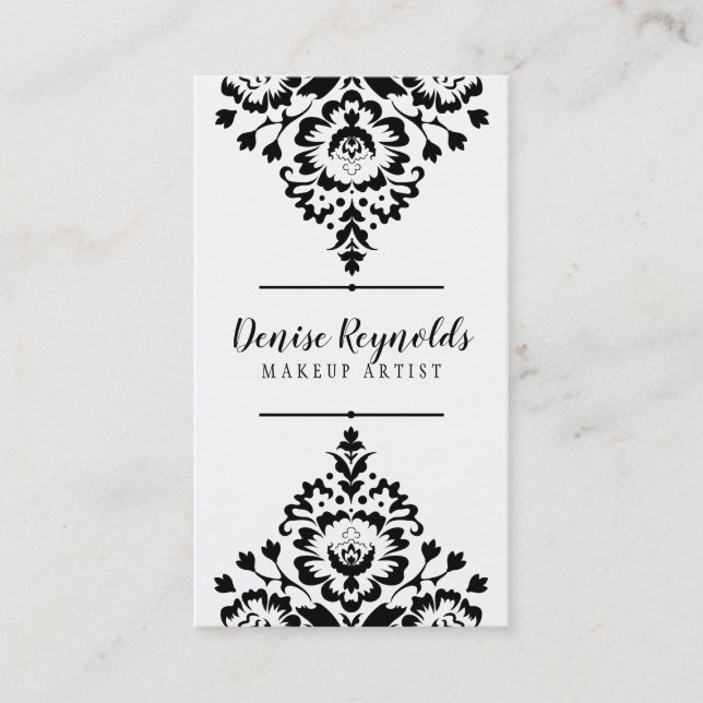 STYLISH BUSINESS elegant pretty damask black white Business Card (Front)