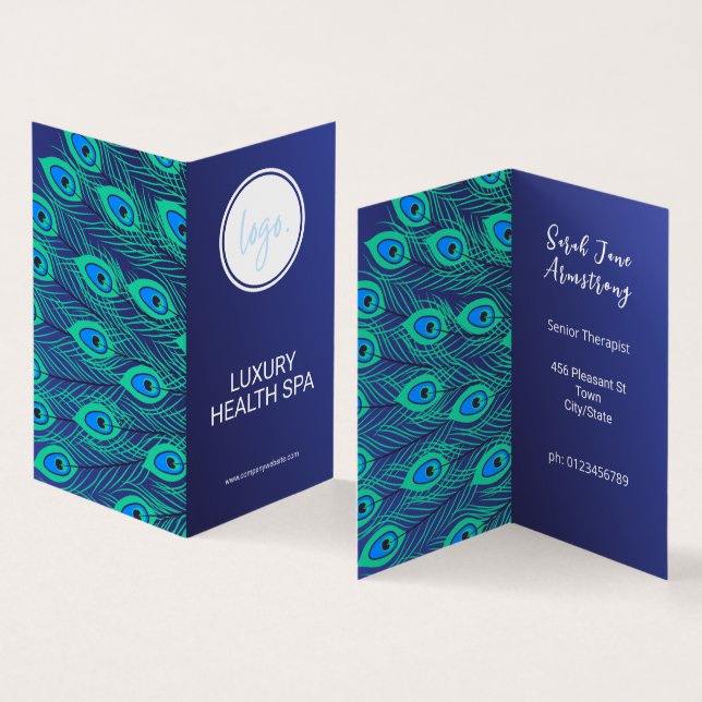 STYLISH BUSINESS LOGO BLUE PEACOCK FEATHER FOLDED CARD (Inside and Outside)