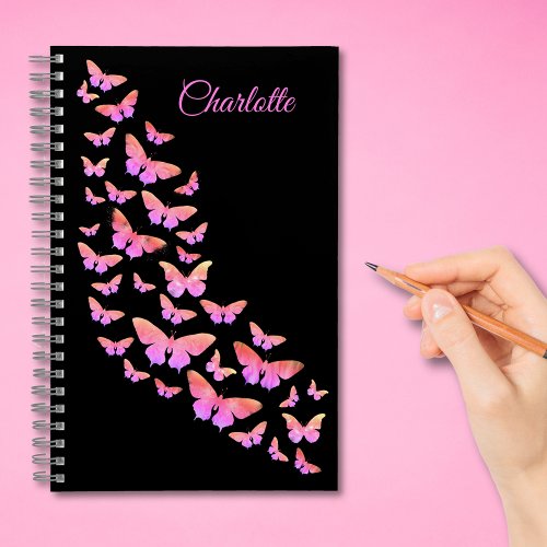 Stylish Butterfly Pattern Add Name Pink and Black Notebook