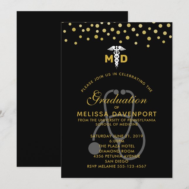 Stylish Caduceus and Stethoscope Doctor Graduate Invitation (Front/Back)