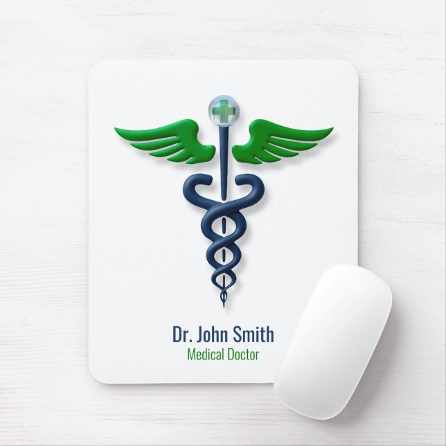 Stylish Caduceus Green Wings Cross Blue Medical Mouse Pad (With Mouse)