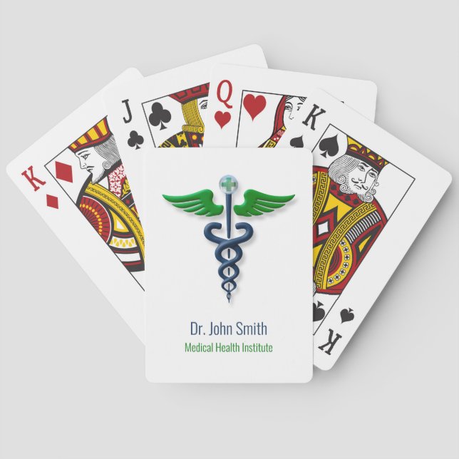 Stylish Caduceus Green Wings Medical Cross Blue Poker Cards (Back)