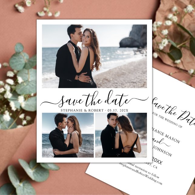 Stylish Calligraphy 3 Photo Collage Wedding Save The Date (Creator Uploaded)
