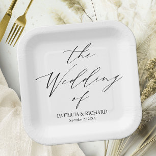 Stylish Calligraphy Black And White Wedding Paper Plates