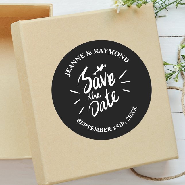 Stylish Calligraphy Black Wedding Save the Date Classic Round Sticker (Creator Uploaded)