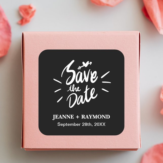 Stylish Calligraphy Black Wedding Save the Date Square Sticker (Stylish black calligraphy sticker adds modern elegance to wedding save the date mailings.)