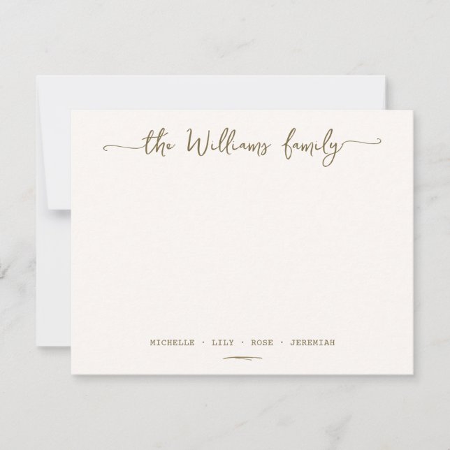 Stylish Calligraphy Family Surname Gold Script Note Card (Front)