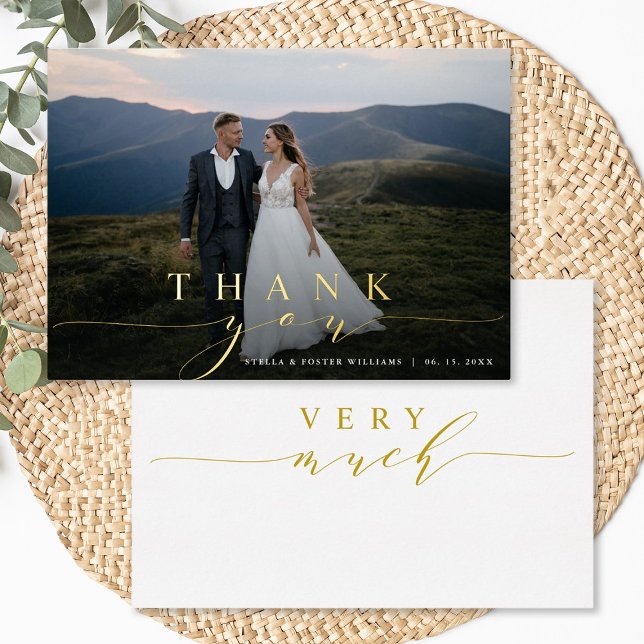 Stylish Calligraphy Gold Foil Photo Thank You Card (Front & Back)