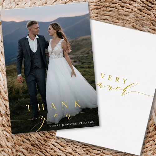 Stylish Calligraphy Gold Foil Photo Thank You Card