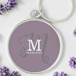 Stylish Calligraphy Monogram and Name Purple Keychain