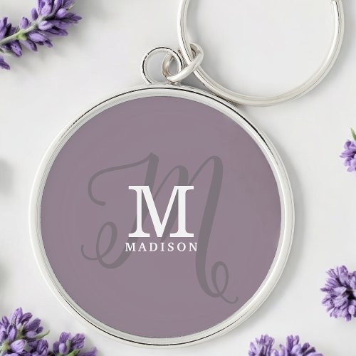 Stylish Calligraphy Monogram and Name Purple Keychain