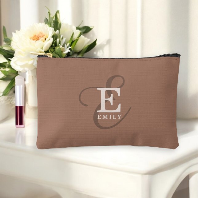 Stylish Calligraphy Monogram Name Mocha Brown Accessory Pouch (Personalize with your name and monogram initial for a custom gift or treat for yourself!)
