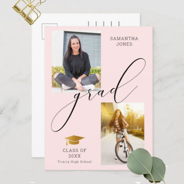 Stylish Calligraphy Personalized 2 Photo Pink Grad Announcement Postcard (Creator Uploaded)