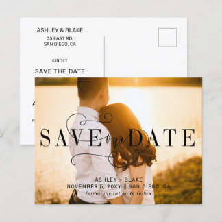 Stylish Calligraphy Photo Save the Date Announcement Postcard