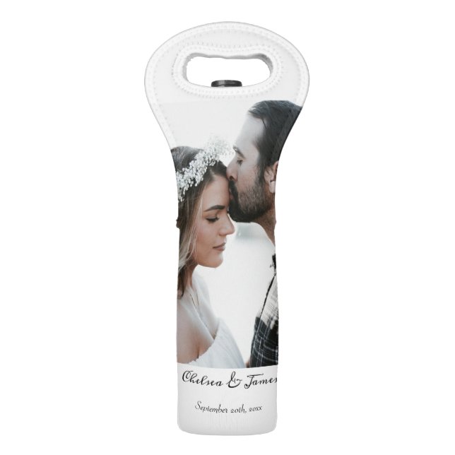 Stylish Calligraphy Photo Script Name Date  Wine Bag (Front)