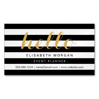 Stylish Calligraphy Say Hello Black White Stripes Magnetic Business Card