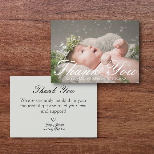 stylish calligraphy thank you newborn boy photo   note card