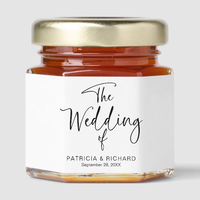 Stylish Calligraphy Wedding Black And White Honey Jar Favors (Front)