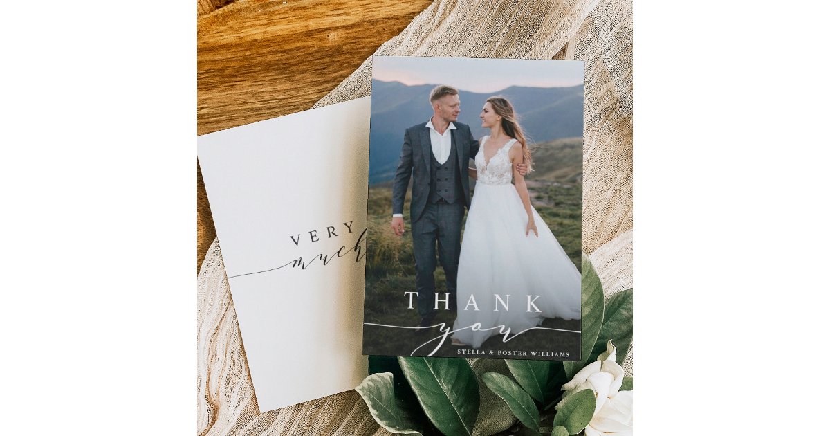 Stylish Calligraphy Wedding Photo Thank You Card | Zazzle