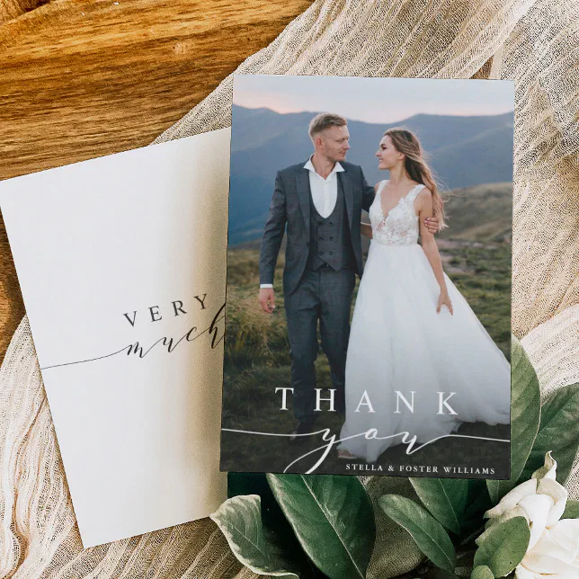 Stylish Calligraphy Wedding Photo Thank You Card | Zazzle