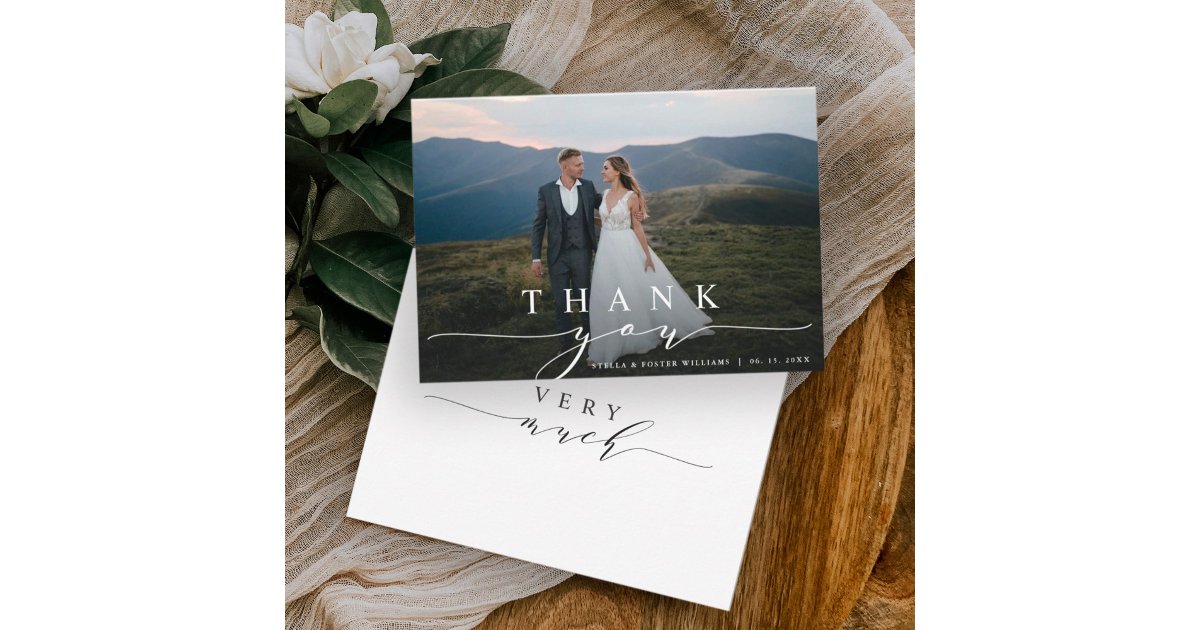 Stylish Calligraphy Wedding Photo Thank You Card | Zazzle