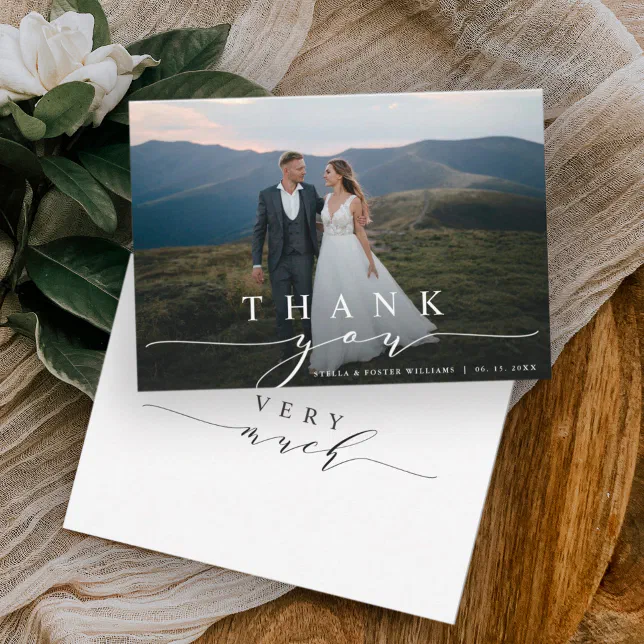 Stylish Calligraphy Wedding Photo Thank You Card | Zazzle
