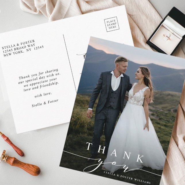 Stylish Calligraphy Wedding Photo Thank You Postcard (Front & Back)