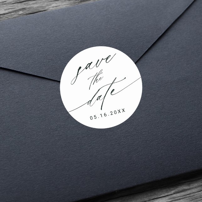 Stylish Calligraphy Wedding Save the Date  Classic Round Sticker (Creator Uploaded)