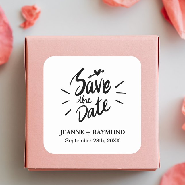 Stylish Calligraphy Wedding Save the Date Square Sticker (Stylish calligraphy save the date sticker adds timeless elegance to wedding mailings.)