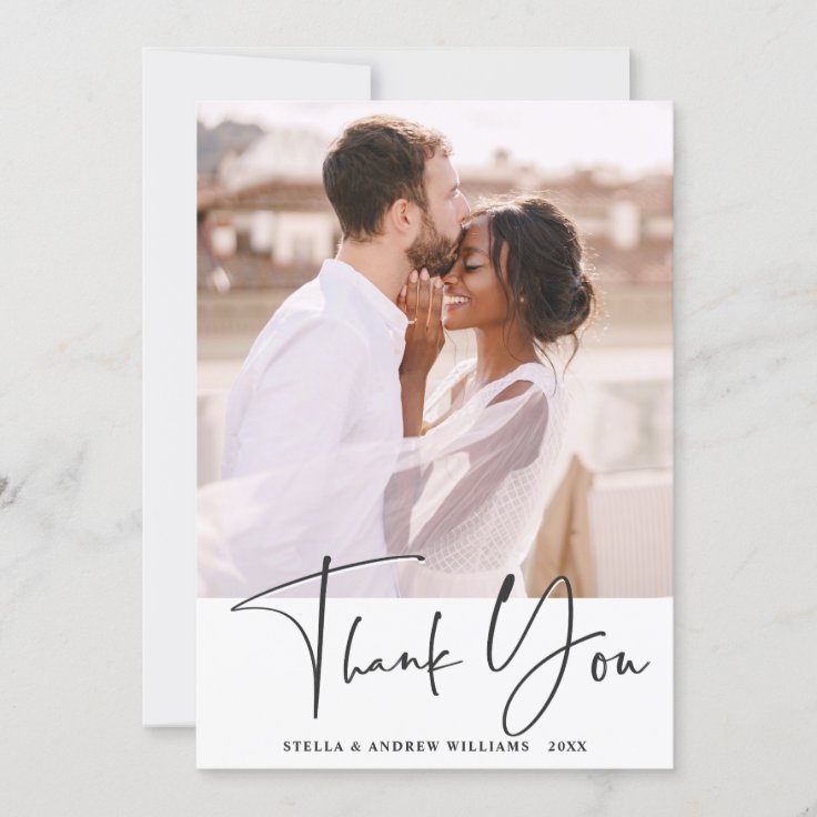 Stylish Calligraphy Wedding Thank You Photo Card | Zazzle